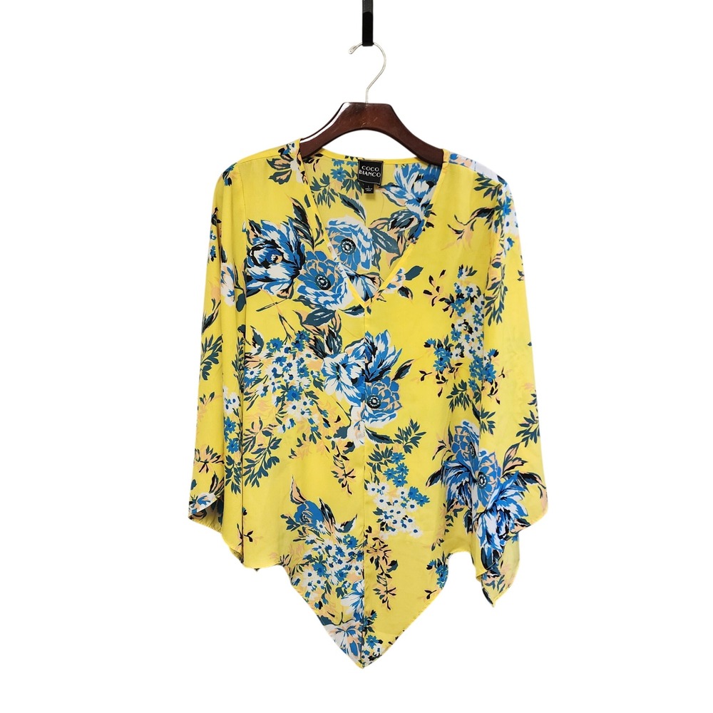 Coco Bianco Womens Yellow Blue Floral V-Neck Sharkbite Hem Blouse Large